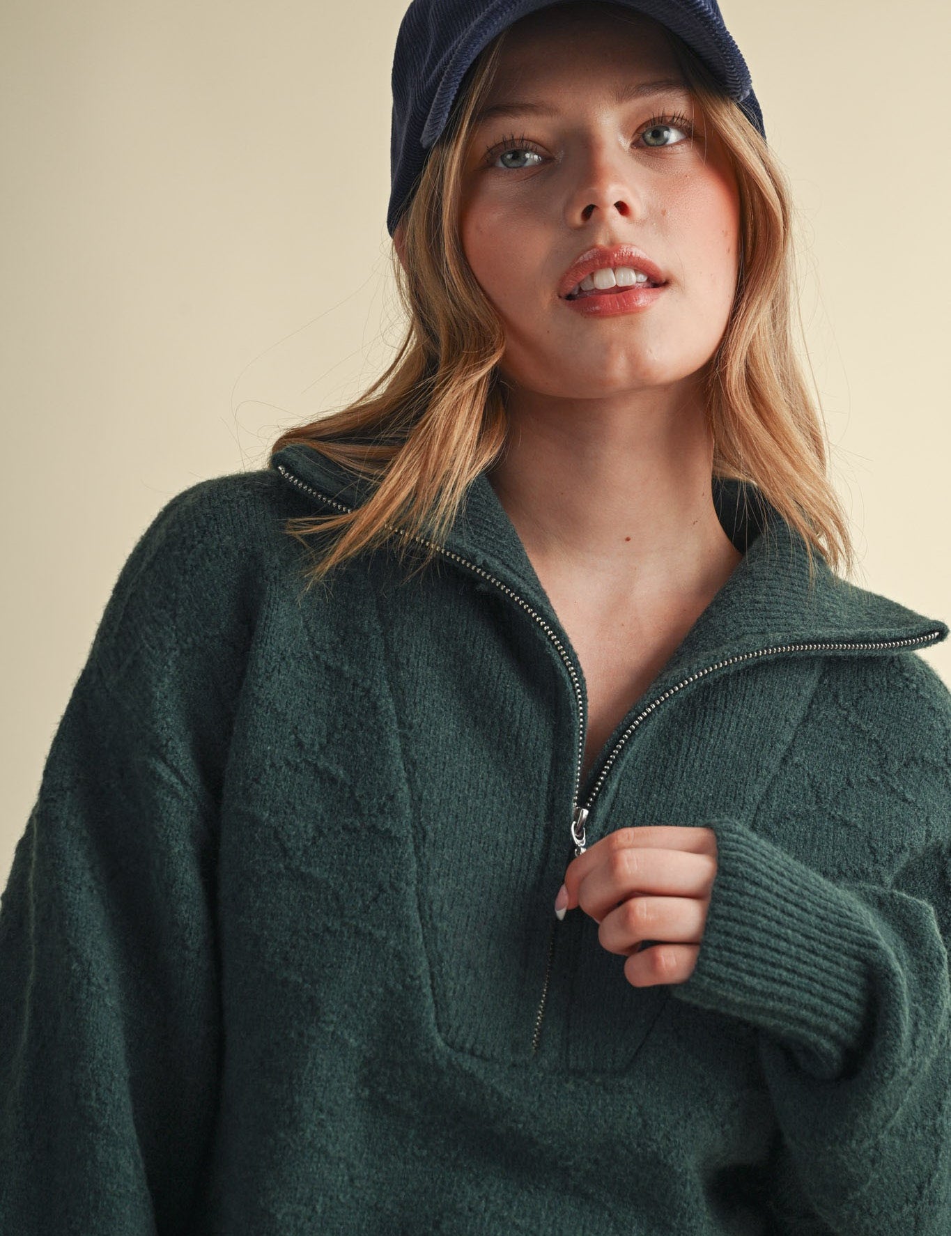 Shellwork Textured Half-Zip Sweater in Forest Green - product photo 1