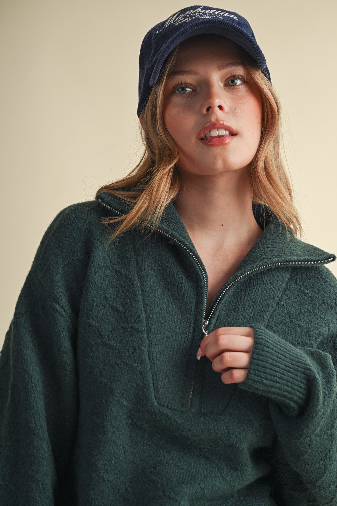Shellwork Textured Half-Zip Sweater in Forest Green - product photo 1