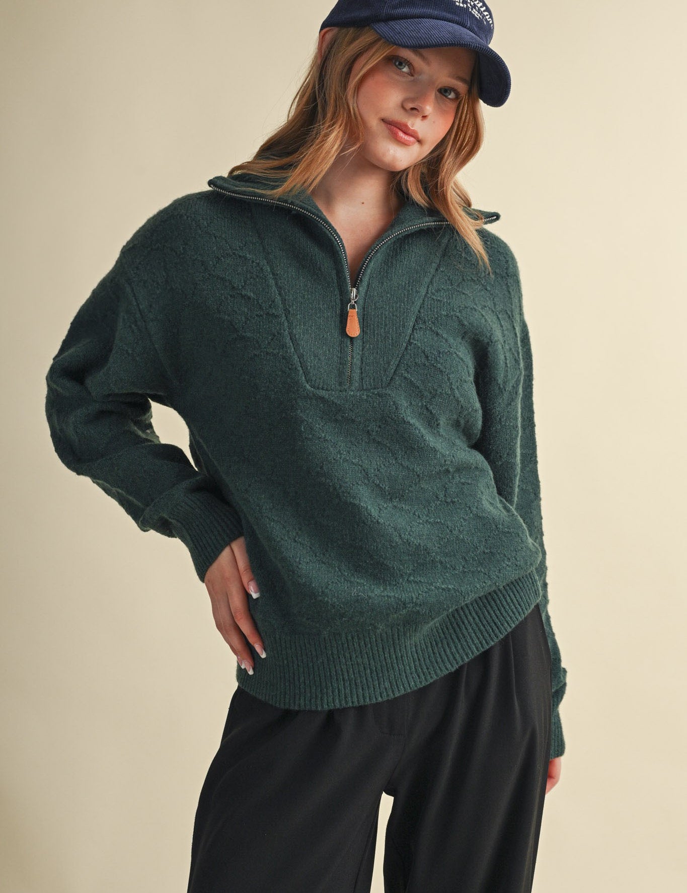 Shellwork Textured Half-Zip Sweater in Forest Green - product photo 2