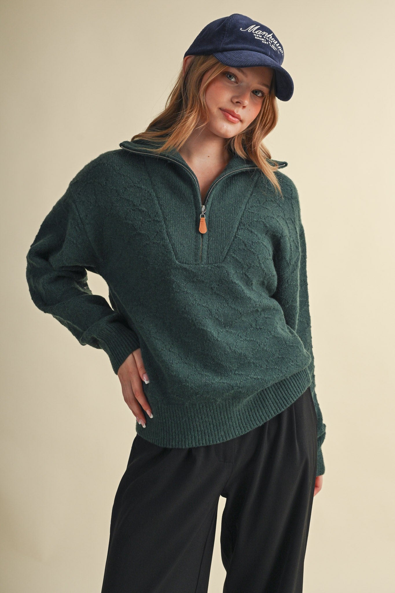 Shellwork Textured Half-Zip Sweater in Forest Green - product photo 2
