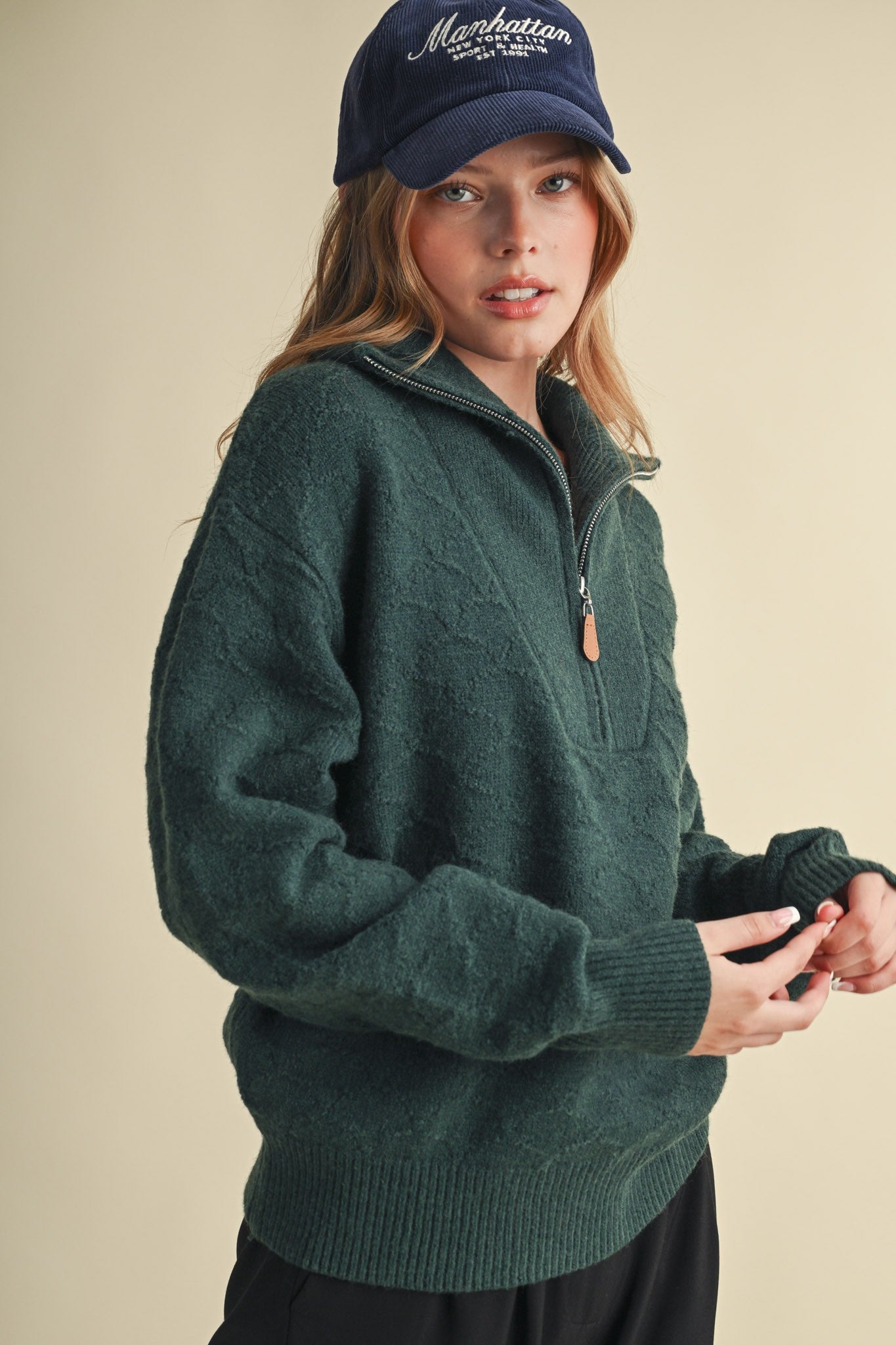 Shellwork Textured Half-Zip Sweater in Forest Green - product photo 3