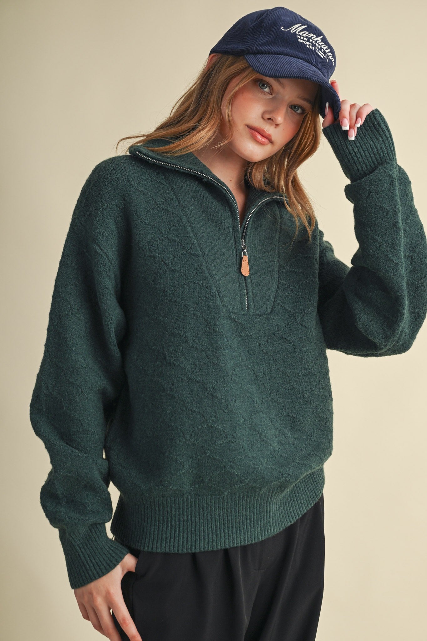 Shellwork Textured Half-Zip Sweater in Forest Green - product photo 4