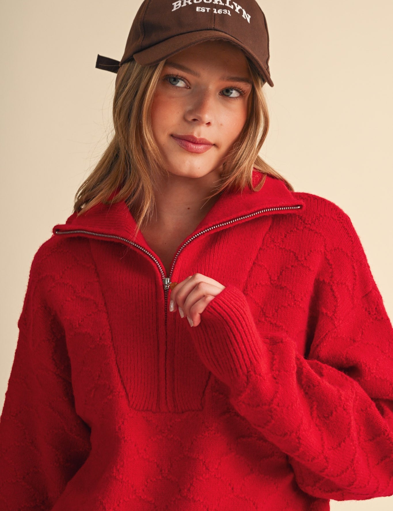 Shellwork Textured Half-Zip Sweater in Red - product photo 1