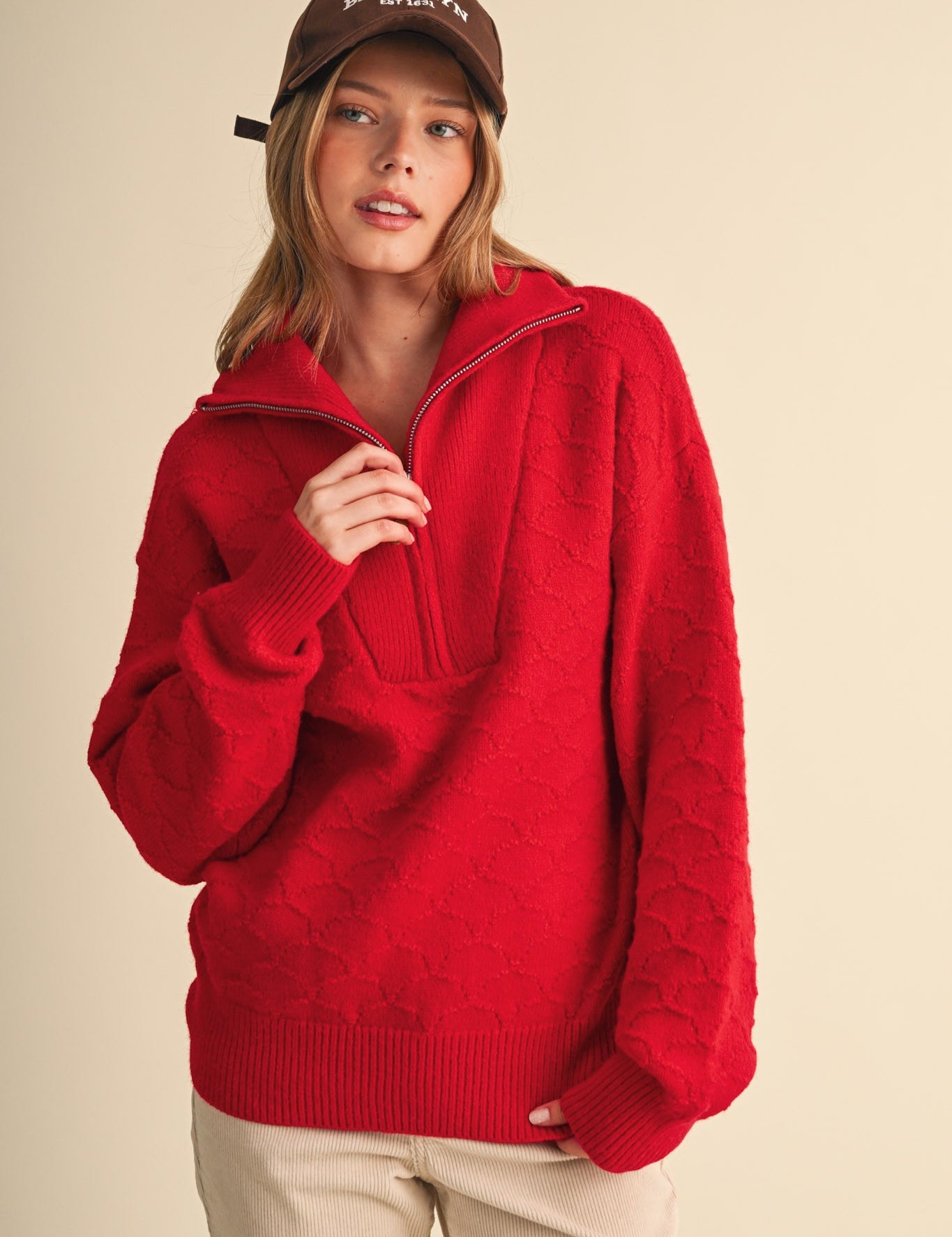 Shellwork Textured Half-Zip Sweater in Red - product photo 2