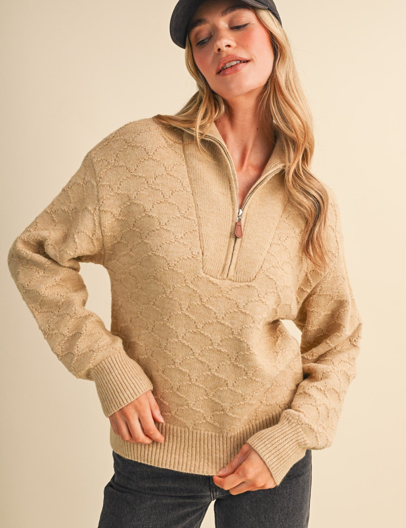Shellwork Textured Half-Zip Sweater in Sand Beige - product photo 2
