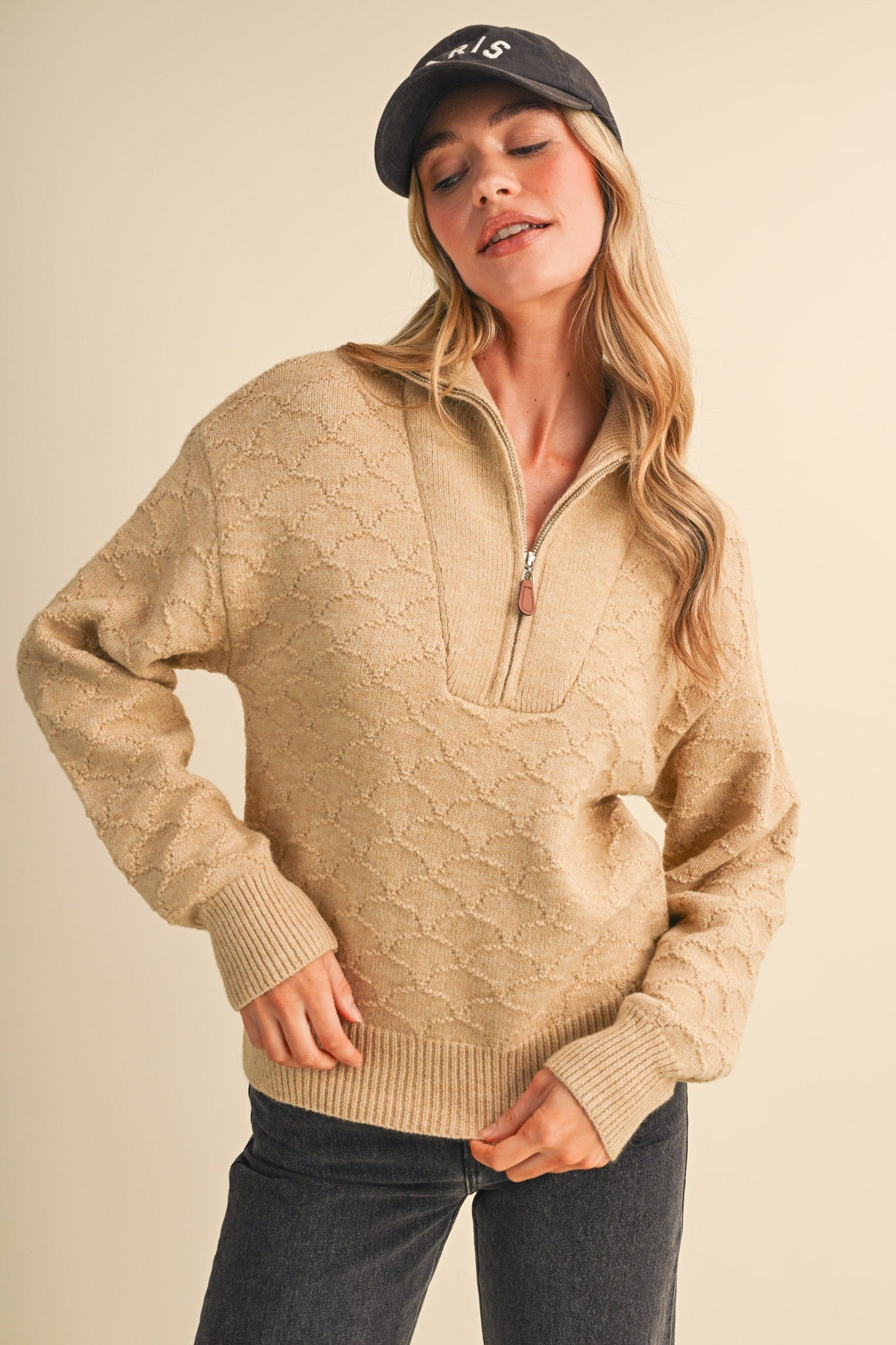 Shellwork Textured Half-Zip Sweater in Sand Beige - product photo 2