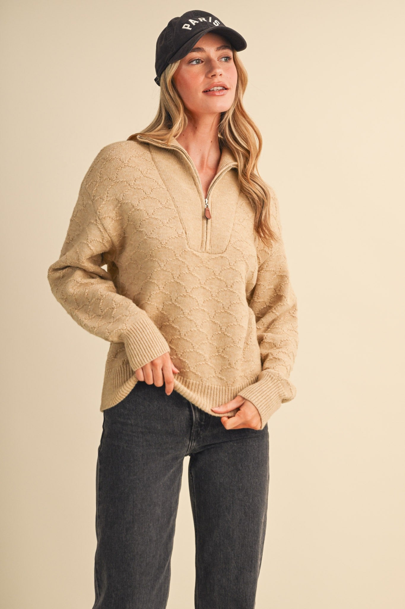 Shellwork Textured Half-Zip Sweater in Sand Beige - product photo 4