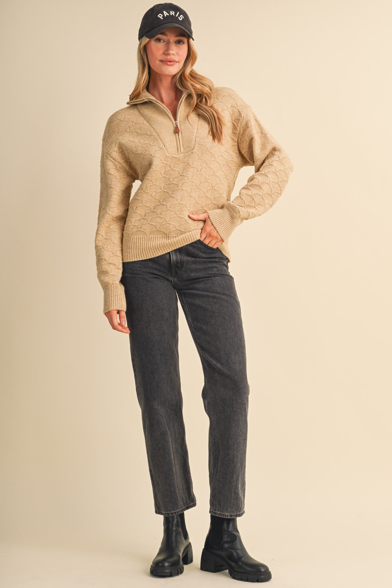 Shellwork Textured Half-Zip Sweater in Sand Beige - product photo 8