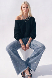 Silverline Rhinestone Straight Jeans - Medium Denim