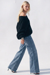 Silverline Rhinestone Straight Jeans - Medium Denim