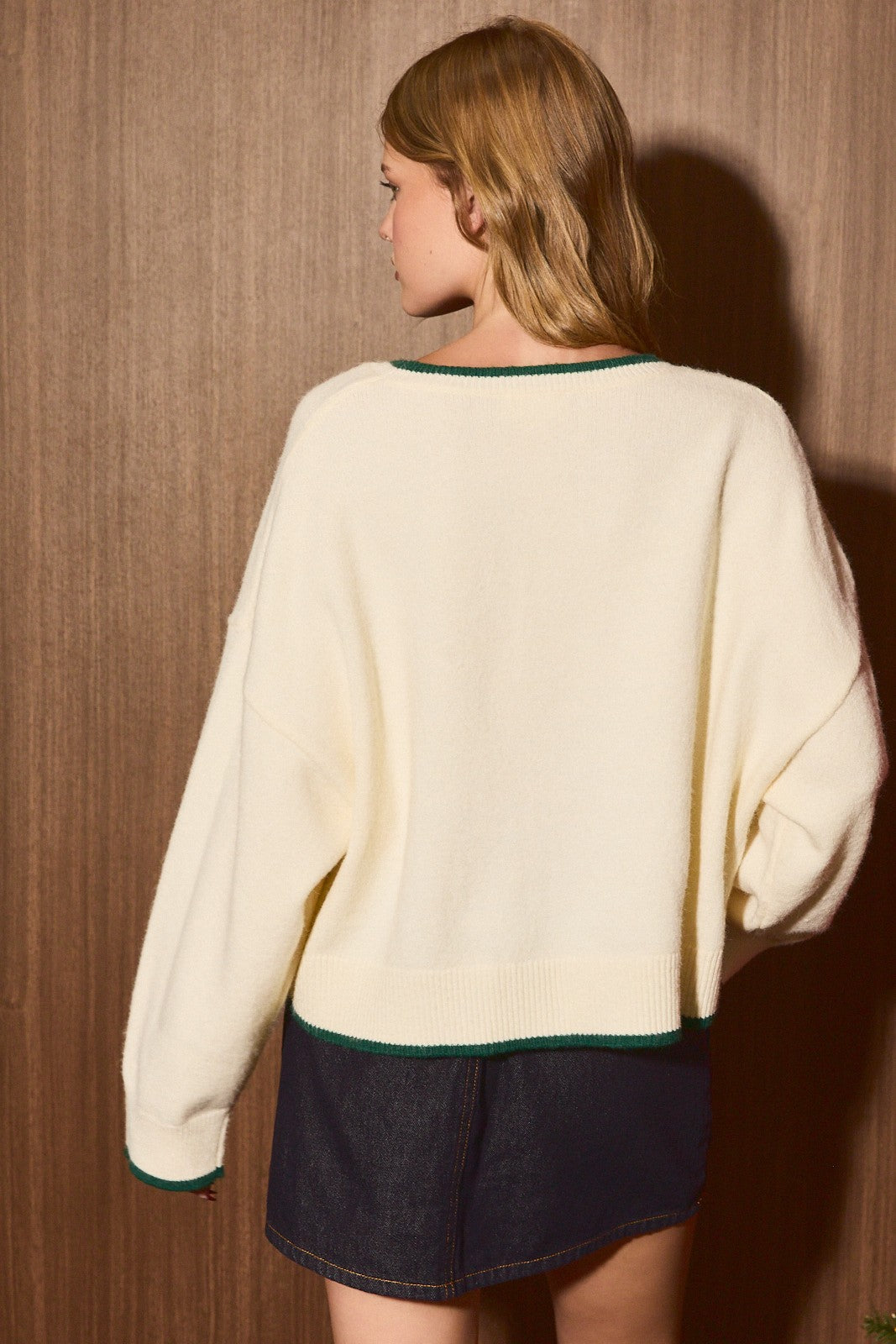 Sleigh Bells Gingham Sequin Knit Sweater in Cream Green — product photo 03