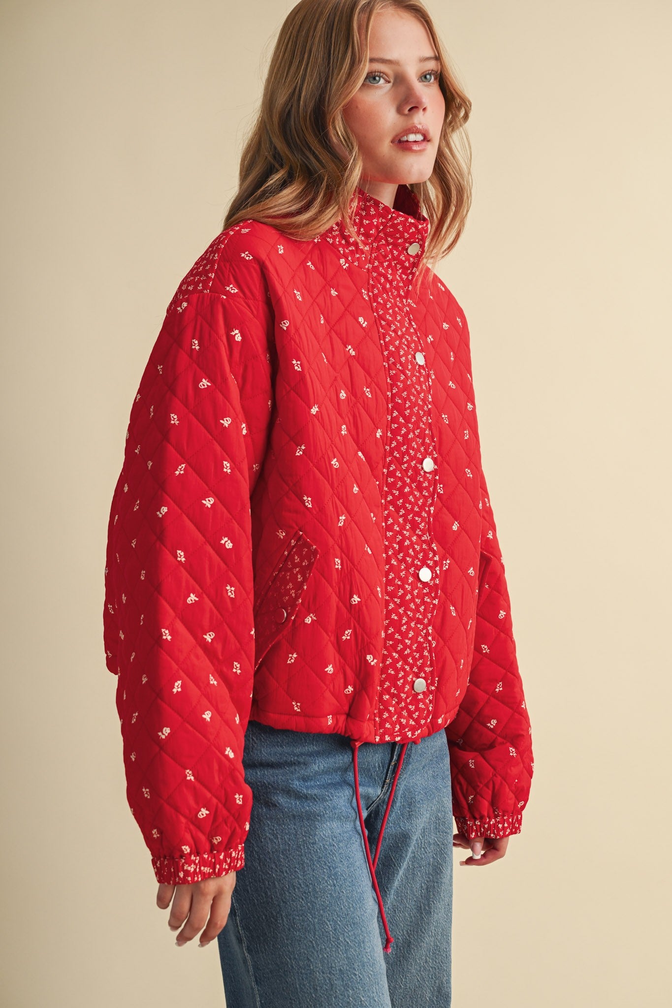 Small Blossom Quilted Jacket in Red Floral - product photo 1