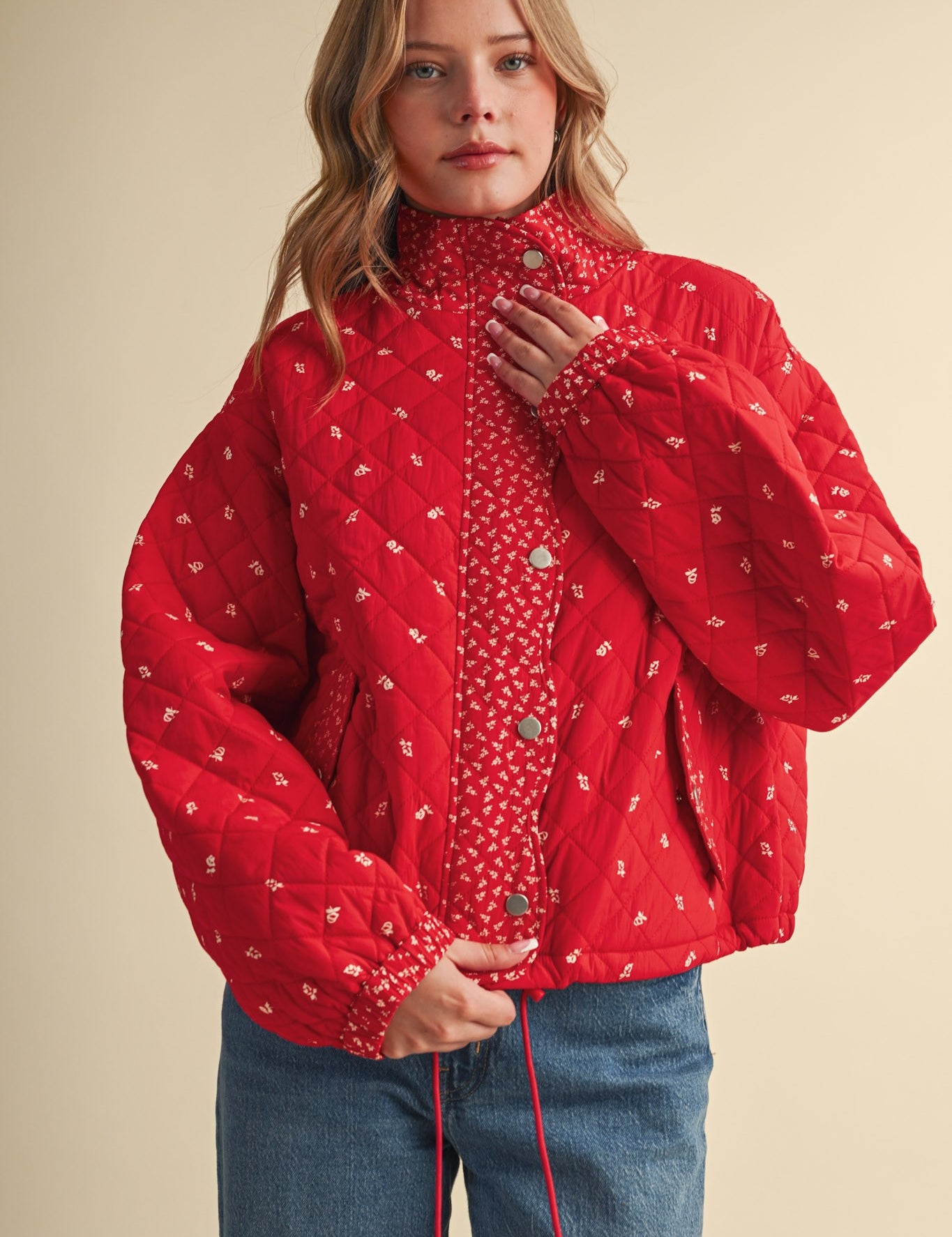 Small Blossom Quilted Jacket in Red Floral - product photo 2
