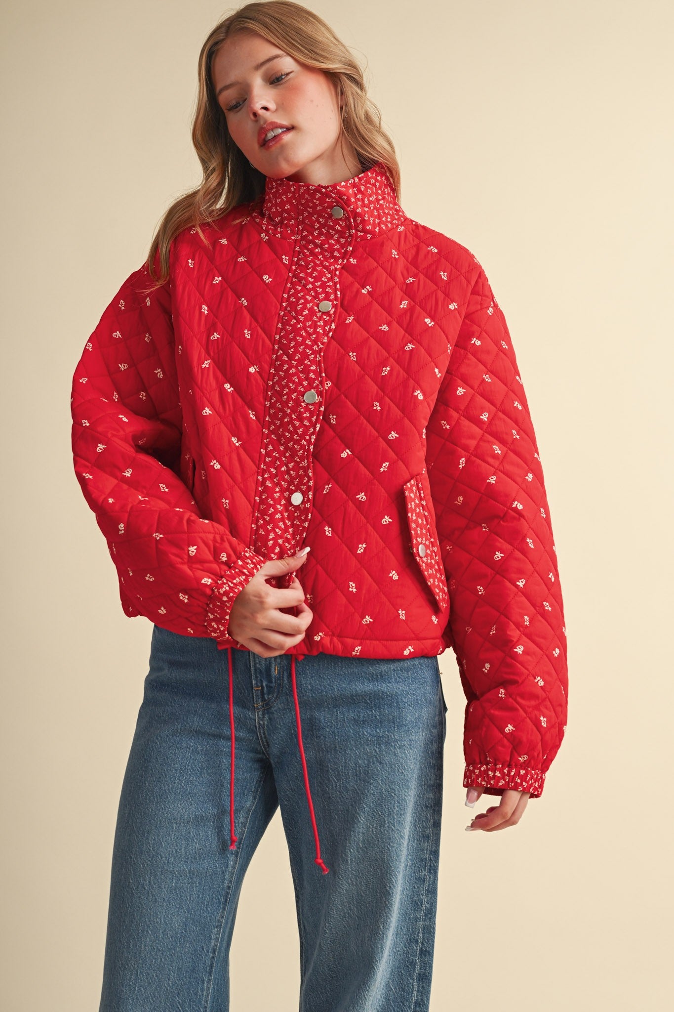 Small Blossom Quilted Jacket in Red Floral - product photo 4