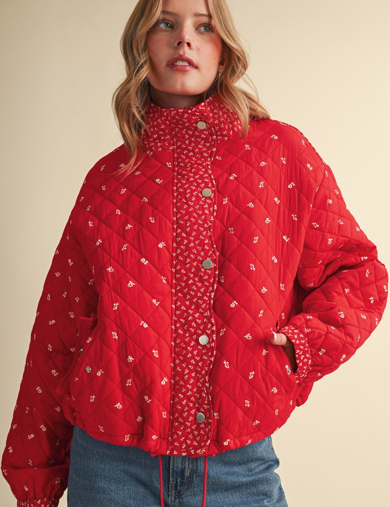 Small Blossom Quilted Jacket in Red Floral - product photo 6