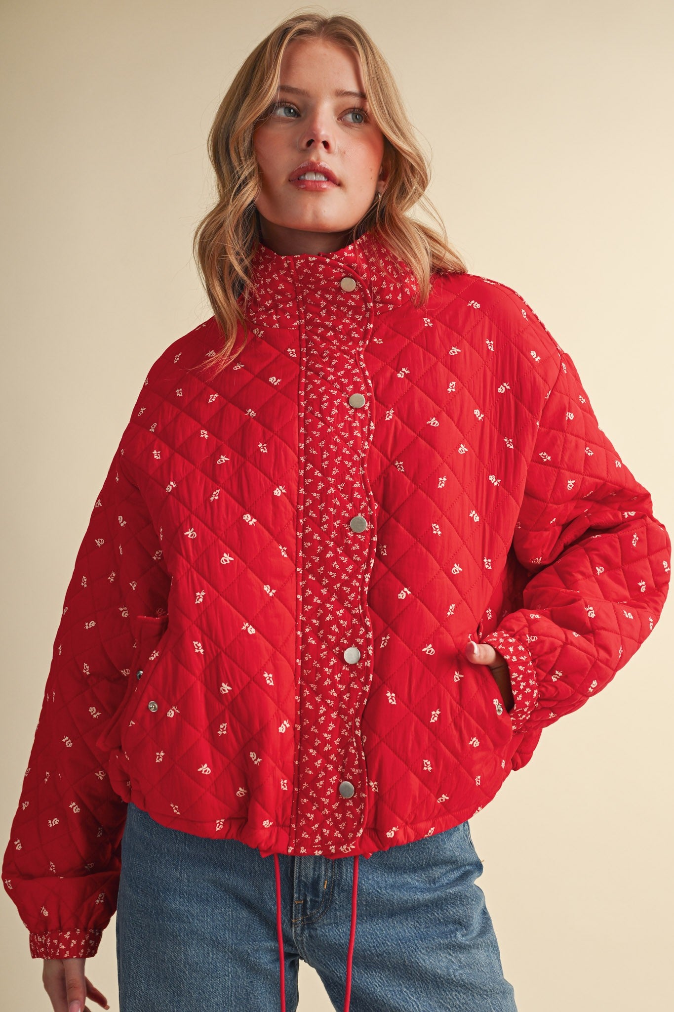 Small Blossom Quilted Jacket in Red Floral - product photo 6