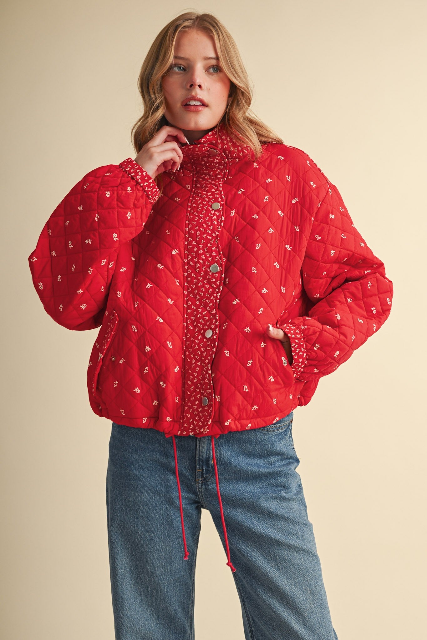 Small Blossom Quilted Jacket in Red Floral - product photo 7