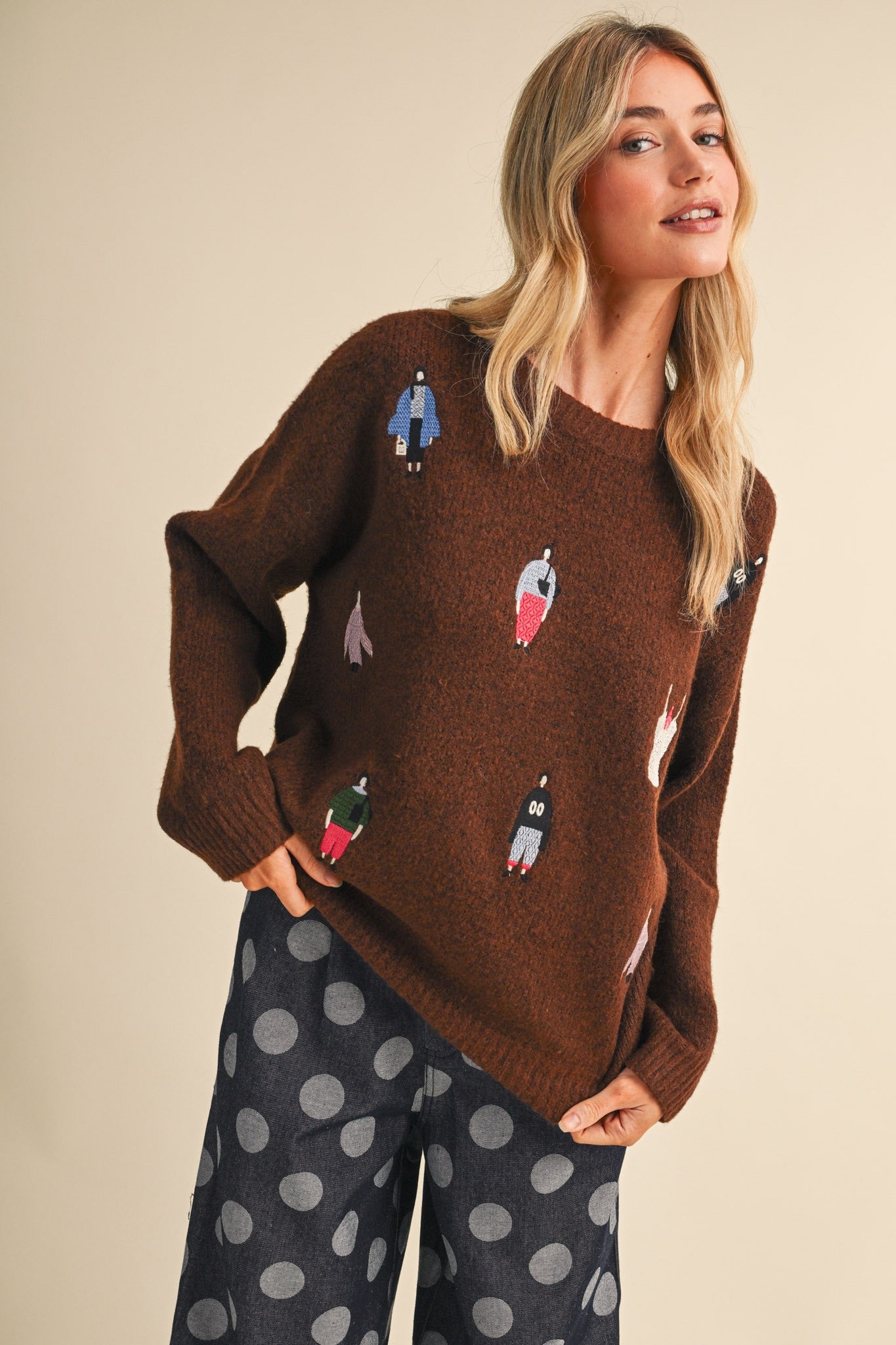 Small World Society Embroidered People Sweater in Ash Brown, photo 4