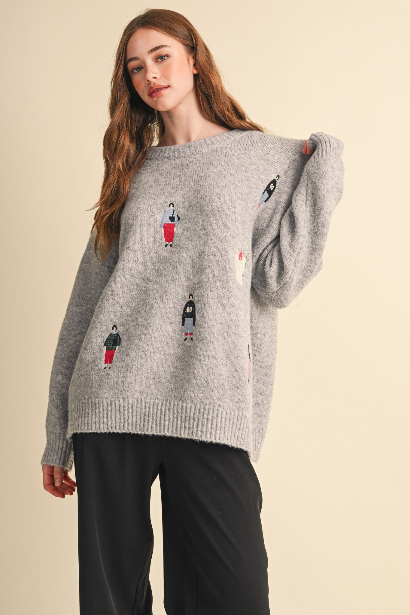 Small World Society Embroidered People Sweater in Heather Grey, photo 3