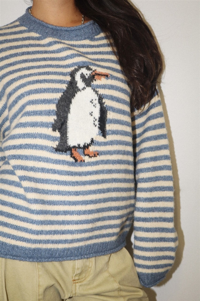 Snowbound Penguin Stripe Sweater - Butter Blue