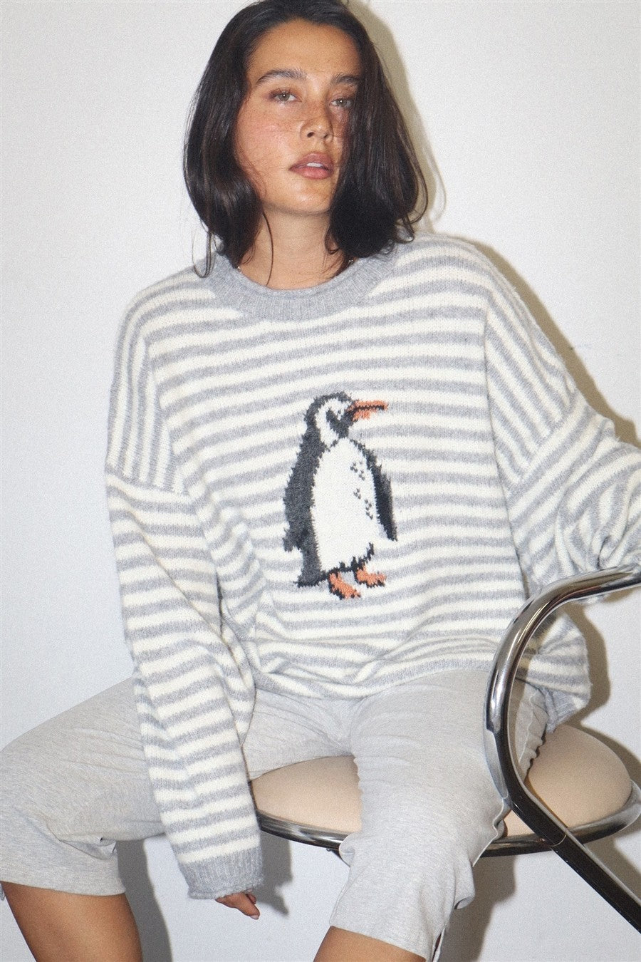 Snowbound Penguin Stripe Sweater - Grey Cream