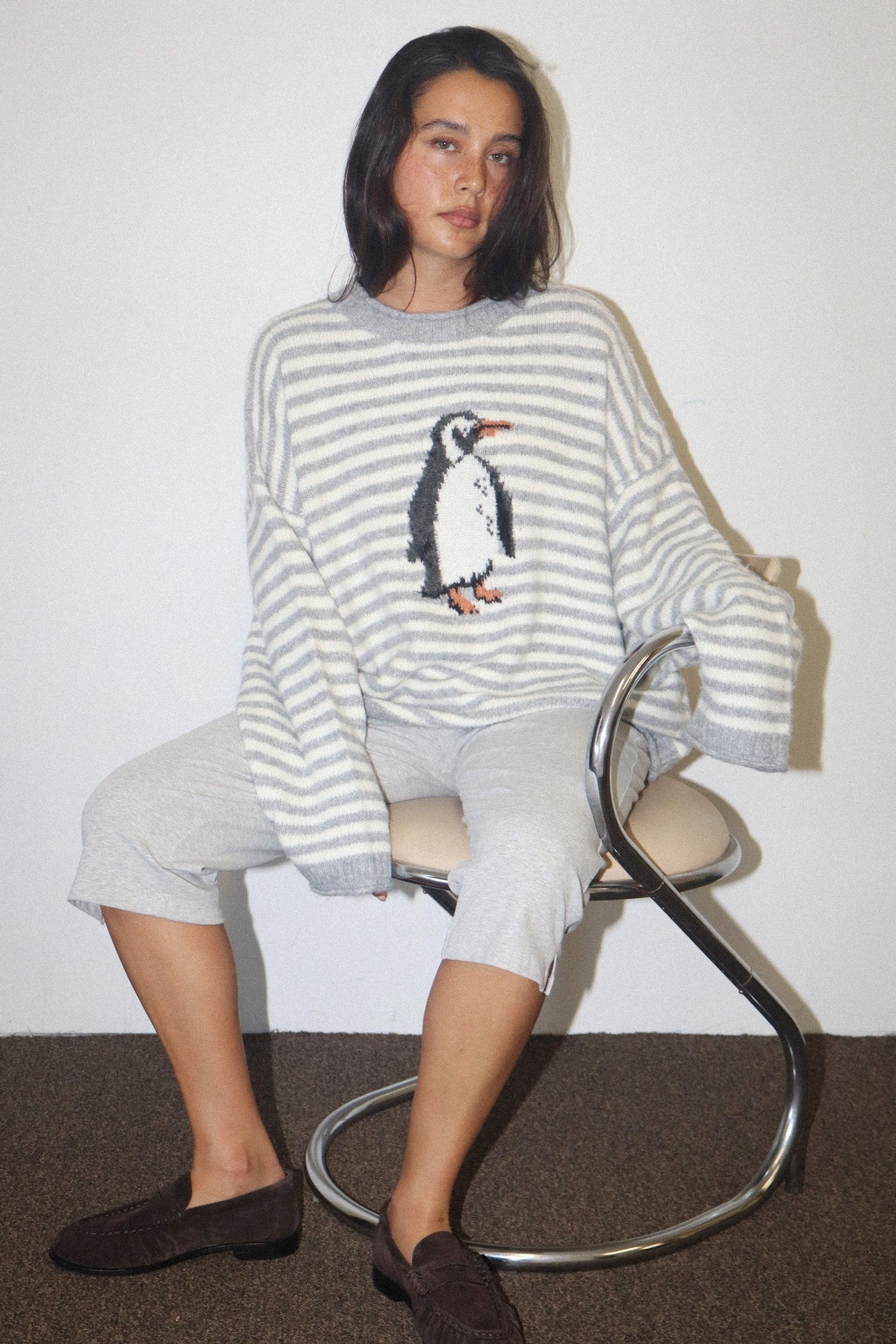 Snowbound Penguin Stripe Sweater - Grey Cream