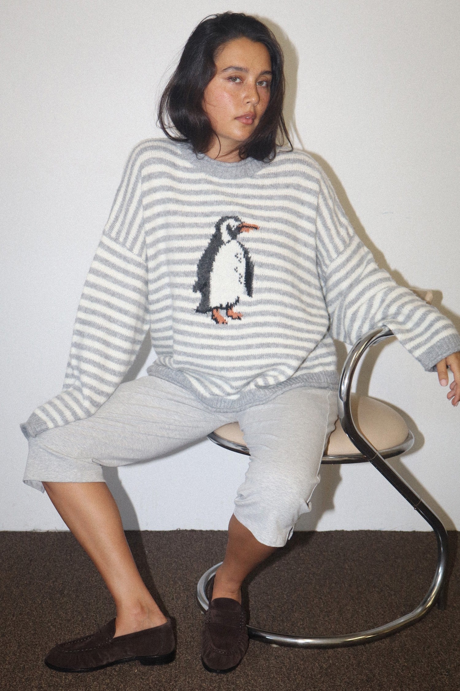 Snowbound Penguin Stripe Sweater - Grey Cream