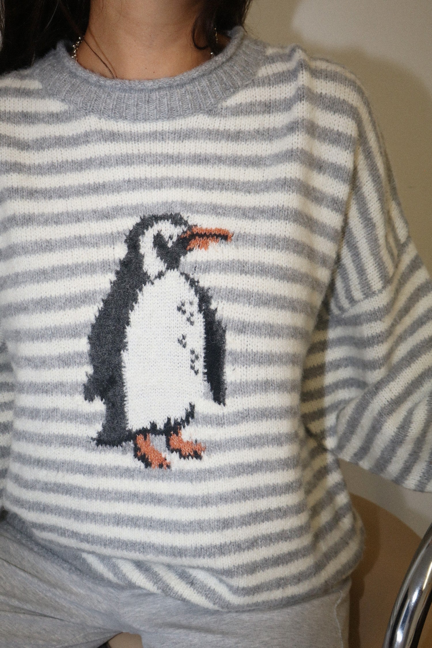 Snowbound Penguin Stripe Sweater - Grey Cream