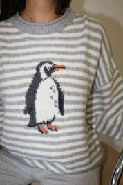 Snowbound Penguin Stripe Sweater - Grey Cream
