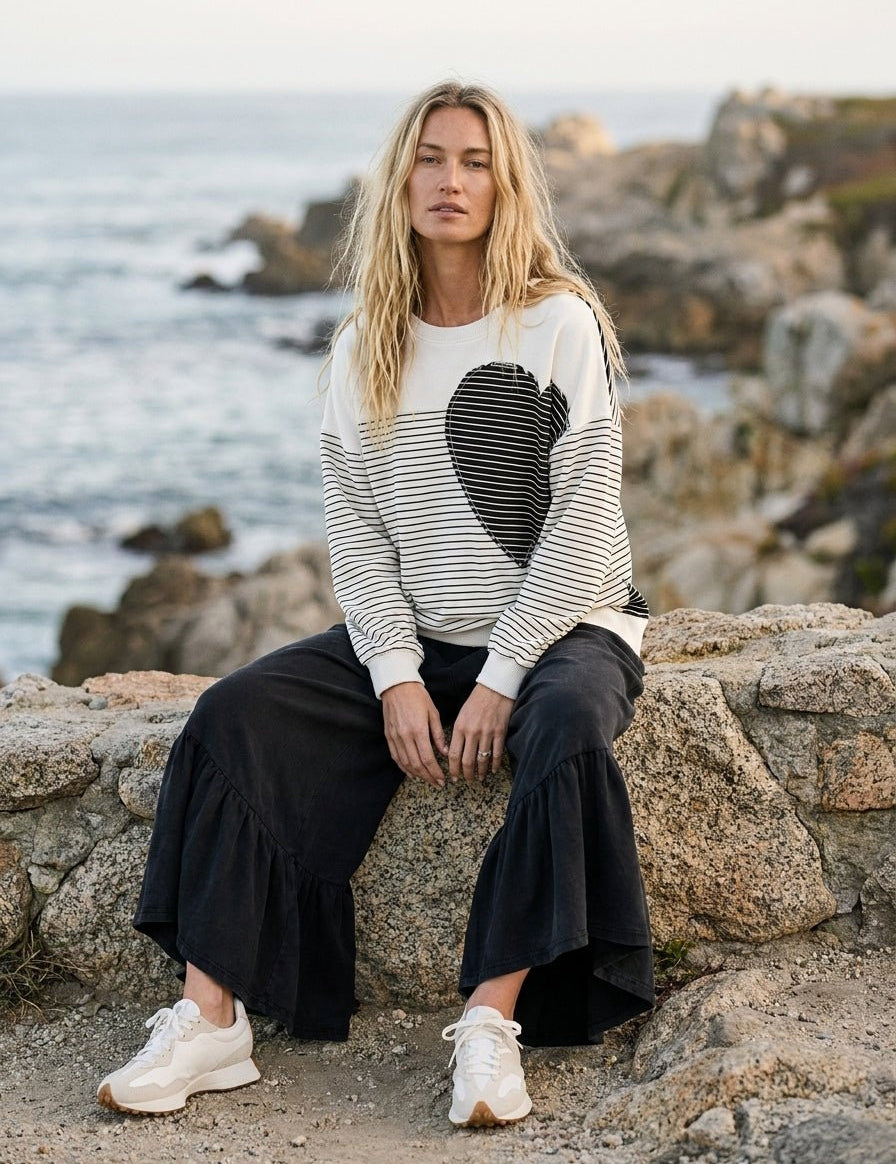 Sofie Pin Stripe Heart Patch Terry Pullover - Westly