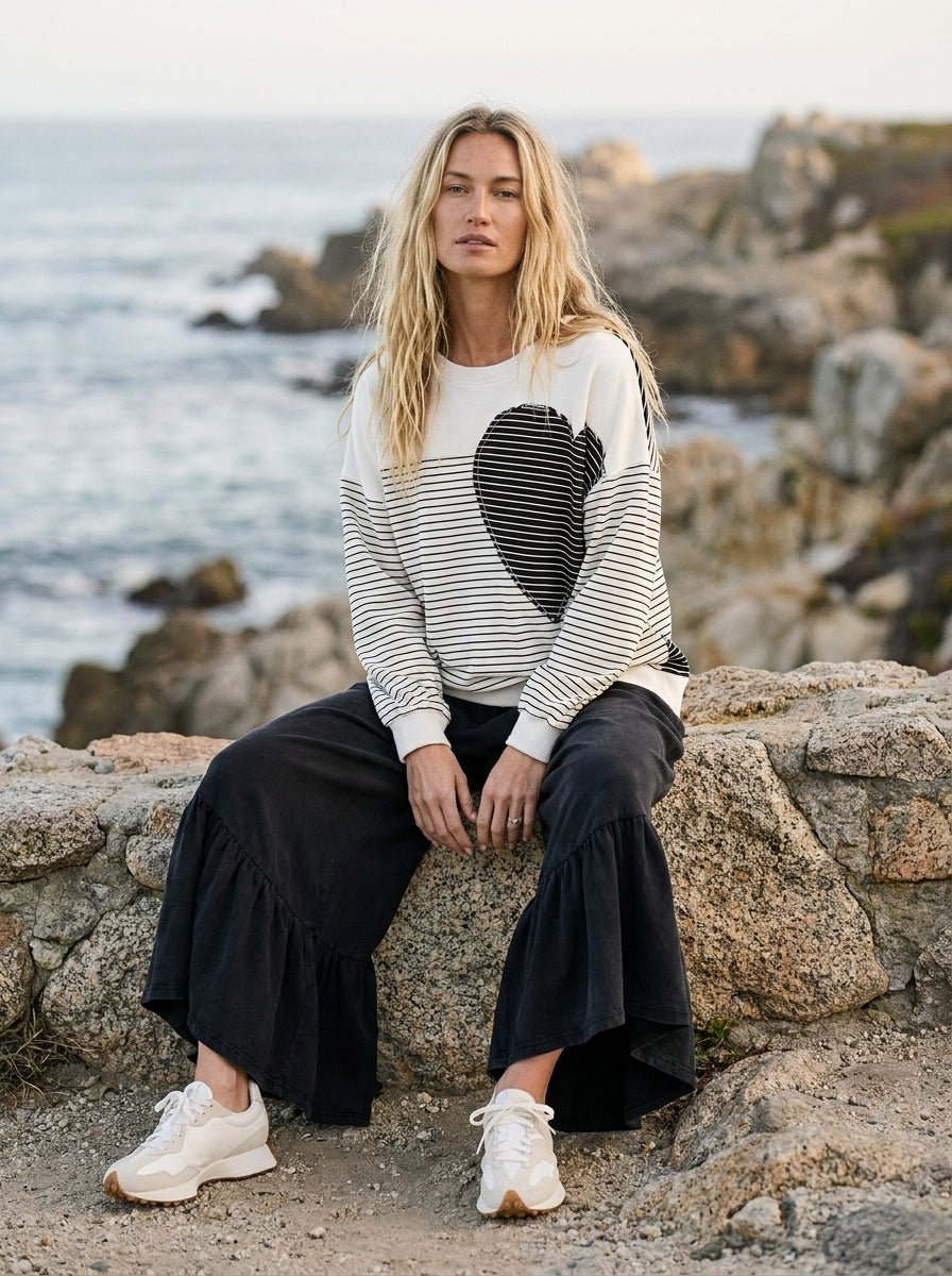 Sofie Pin Stripe Heart Patch Terry Pullover - Westly