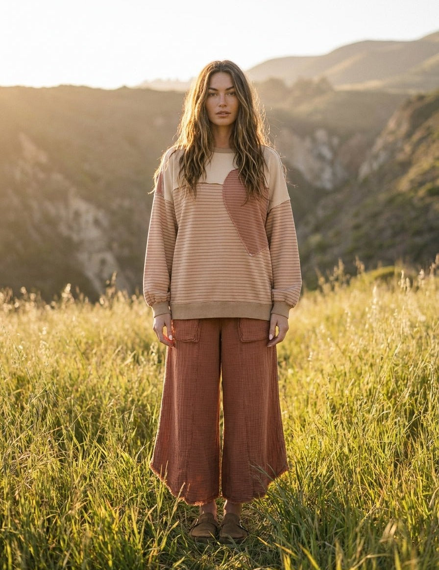 Sofie Pin Stripe Heart Patch Terry Pullover - Westly