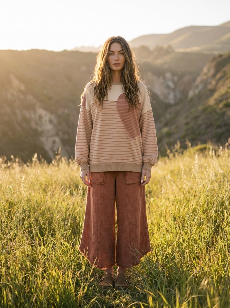 Sofie Pin Stripe Heart Patch Terry Pullover - Westly
