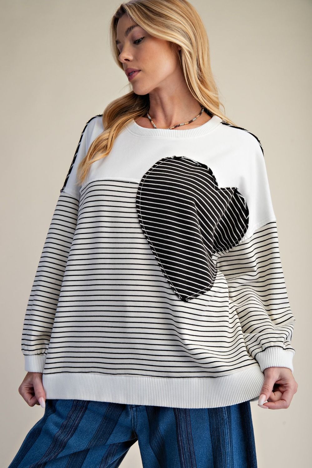 Sofie Pin Stripe Heart Patch Terry Pullover - Westly