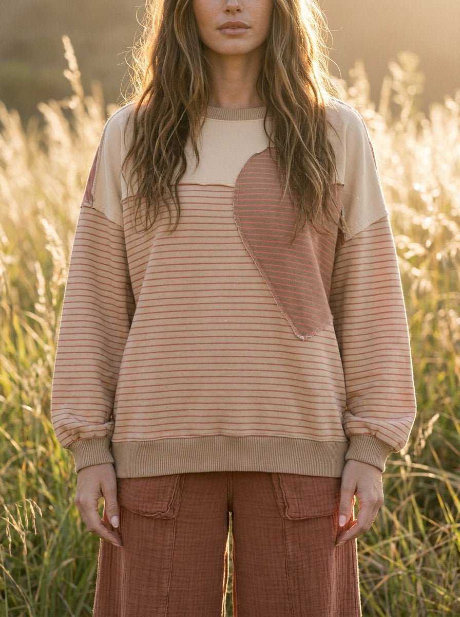 Sofie Pin Stripe Heart Patch Terry Pullover - Westly