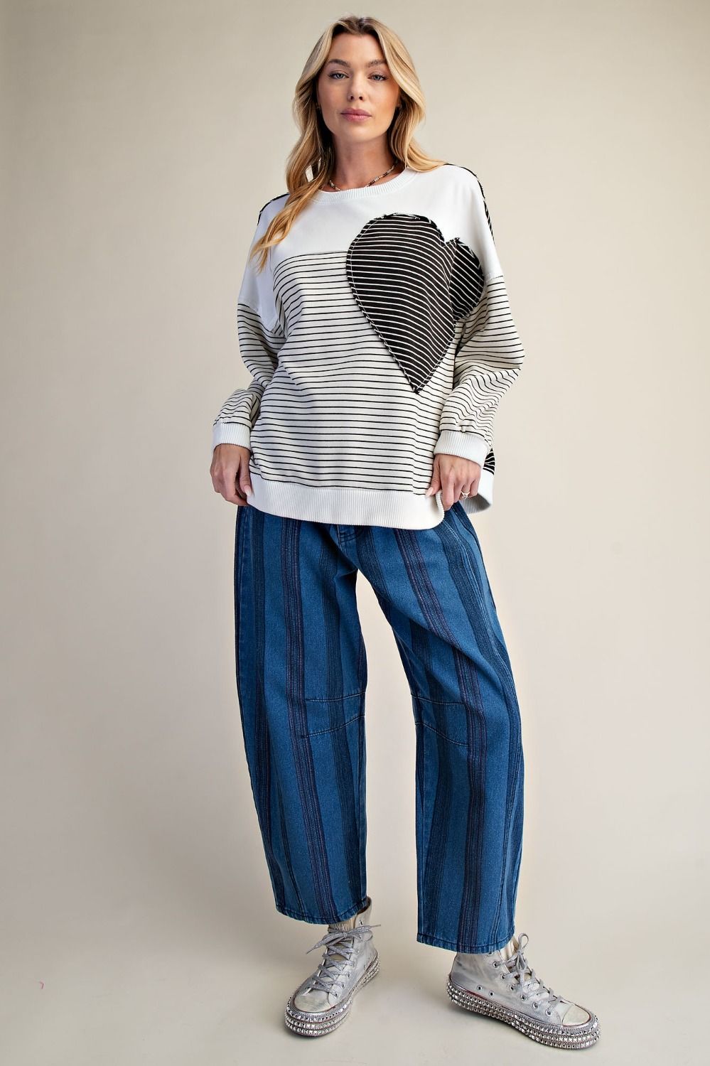 Sofie Pin Stripe Heart Patch Terry Pullover - Westly