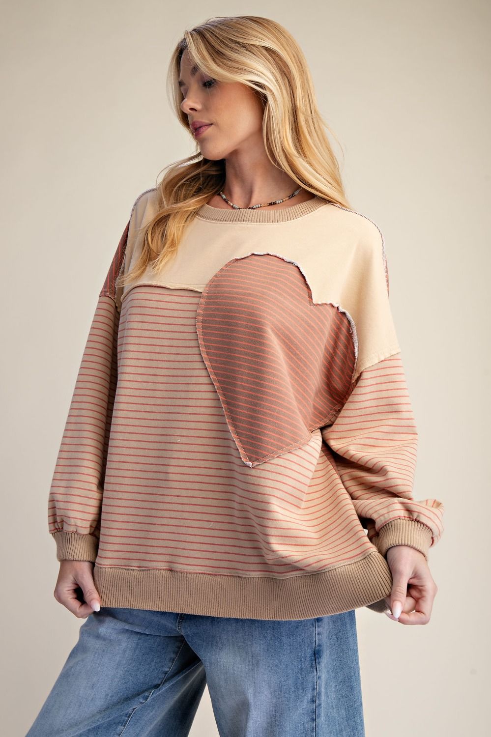 Sofie Pin Stripe Heart Patch Terry Pullover - Westly