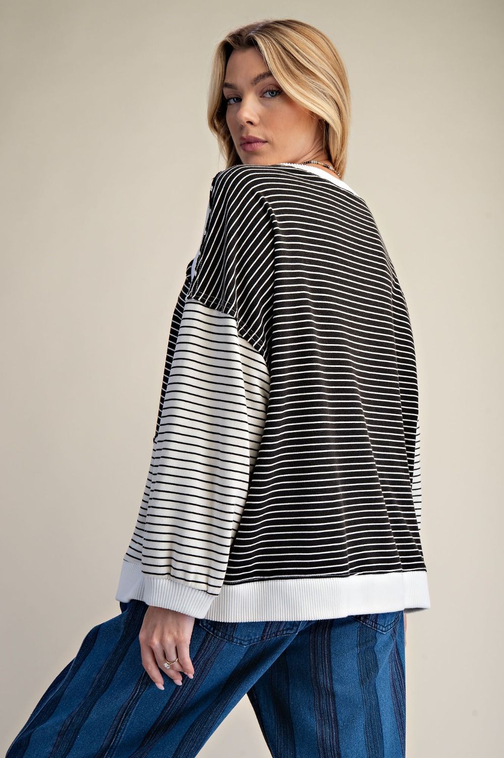 Sofie Pin Stripe Heart Patch Terry Pullover - Westly