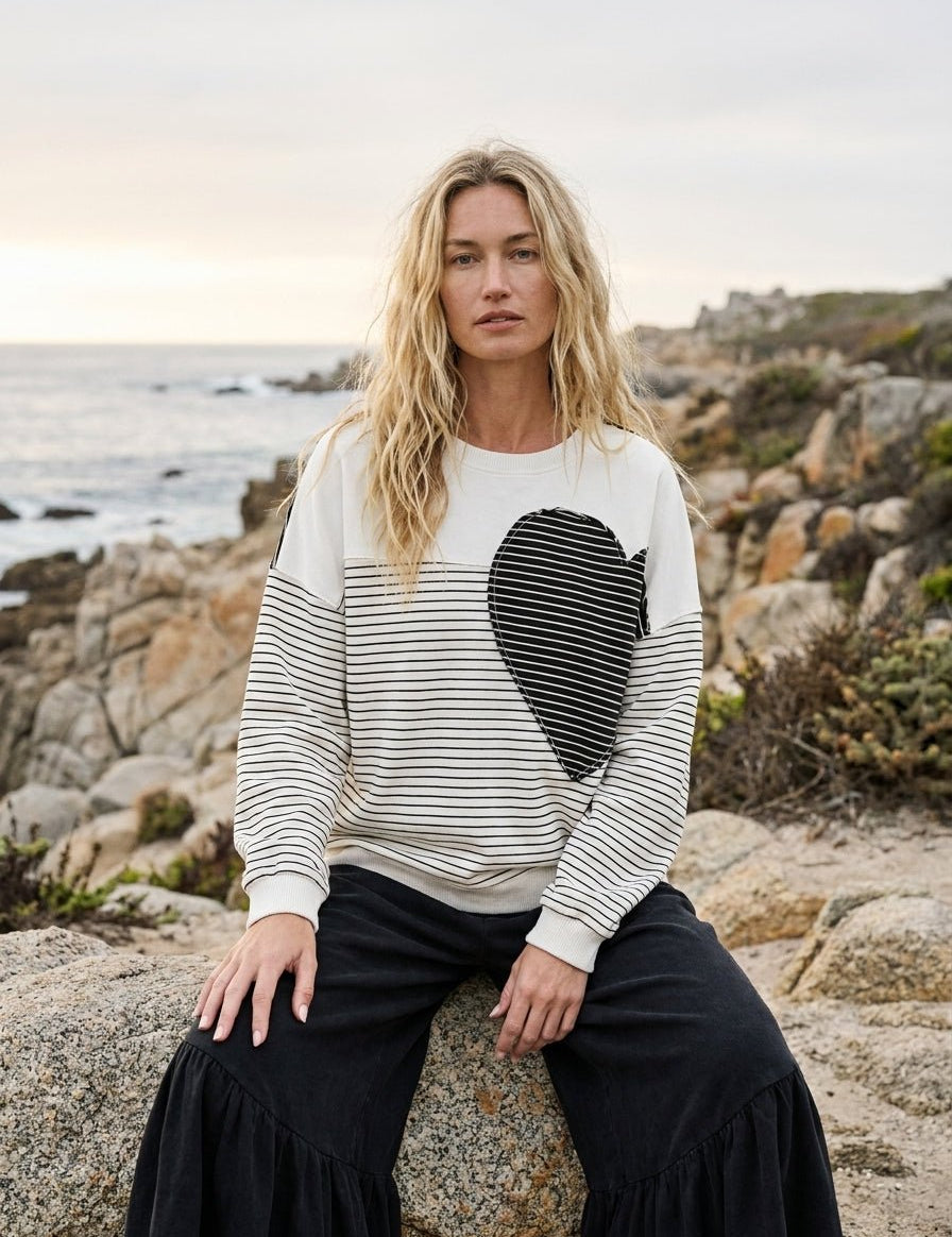 Sofie Pin Stripe Heart Patch Terry Pullover - Westly
