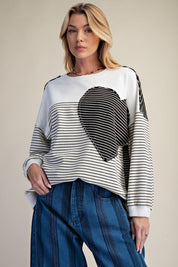 Sofie Pin Stripe Heart Patch Terry Pullover - Westly