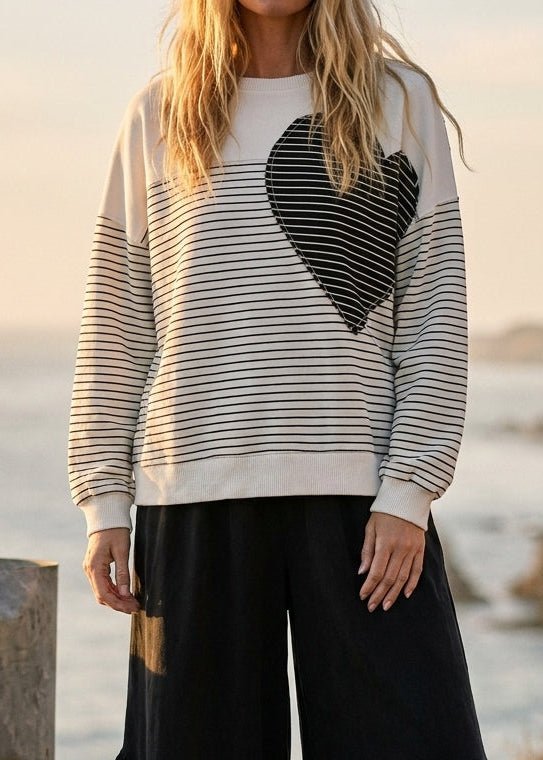 Sofie Pin Stripe Heart Patch Terry Pullover - Westly