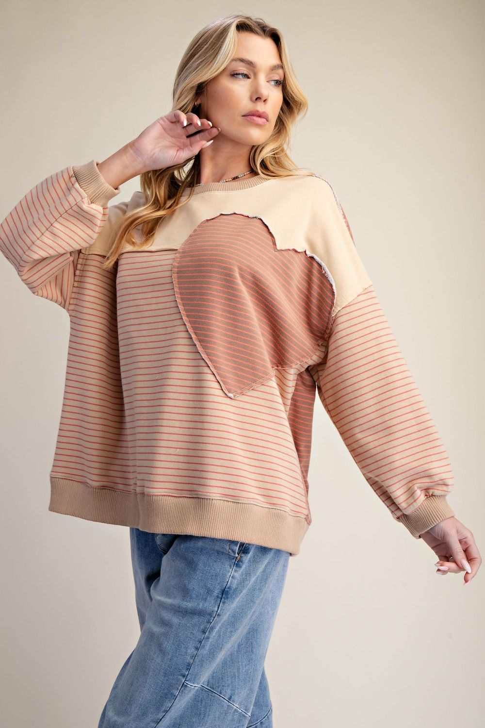 Sofie Pin Stripe Heart Patch Terry Pullover - Westly