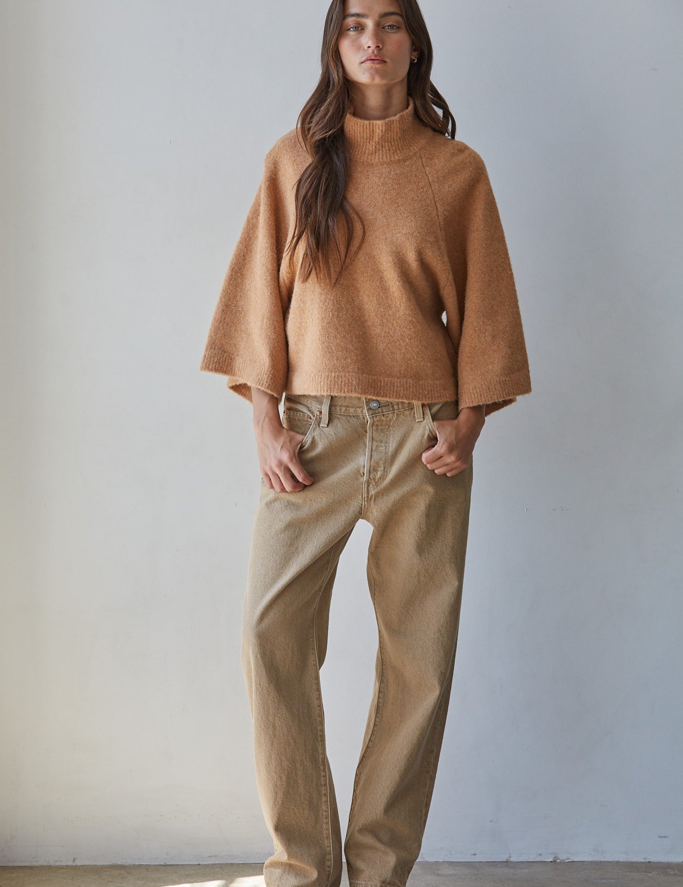 Soft Outline Wide Sleeve Turtleneck in Camel - product photo 2