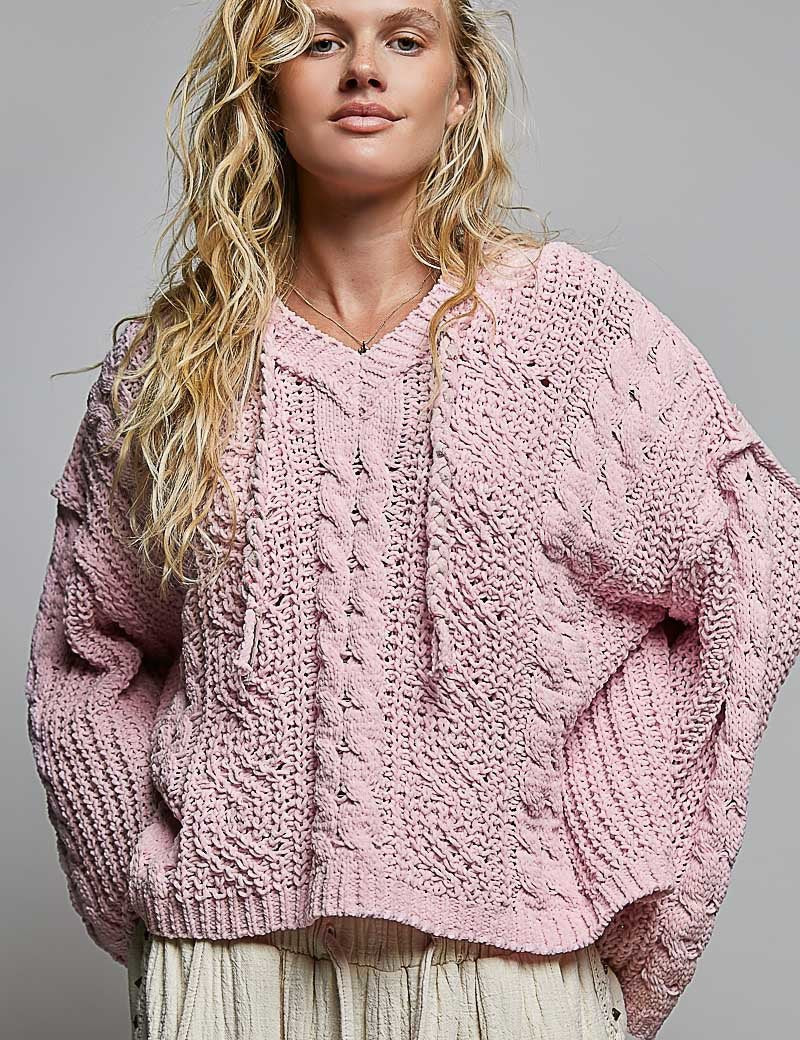 Soft Spot V-Neck Hooded Chenille Sweater - Westly