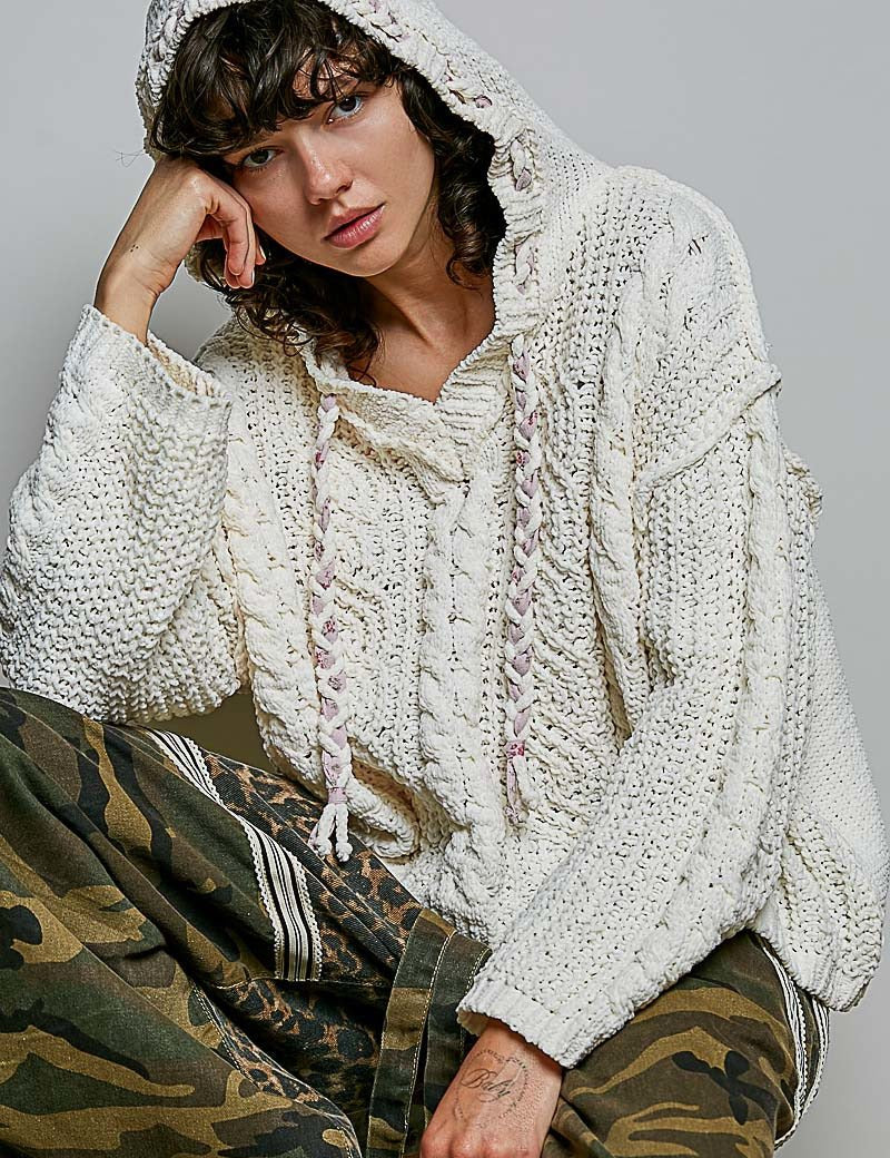 Soft Spot V-Neck Hooded Chenille Sweater - Westly