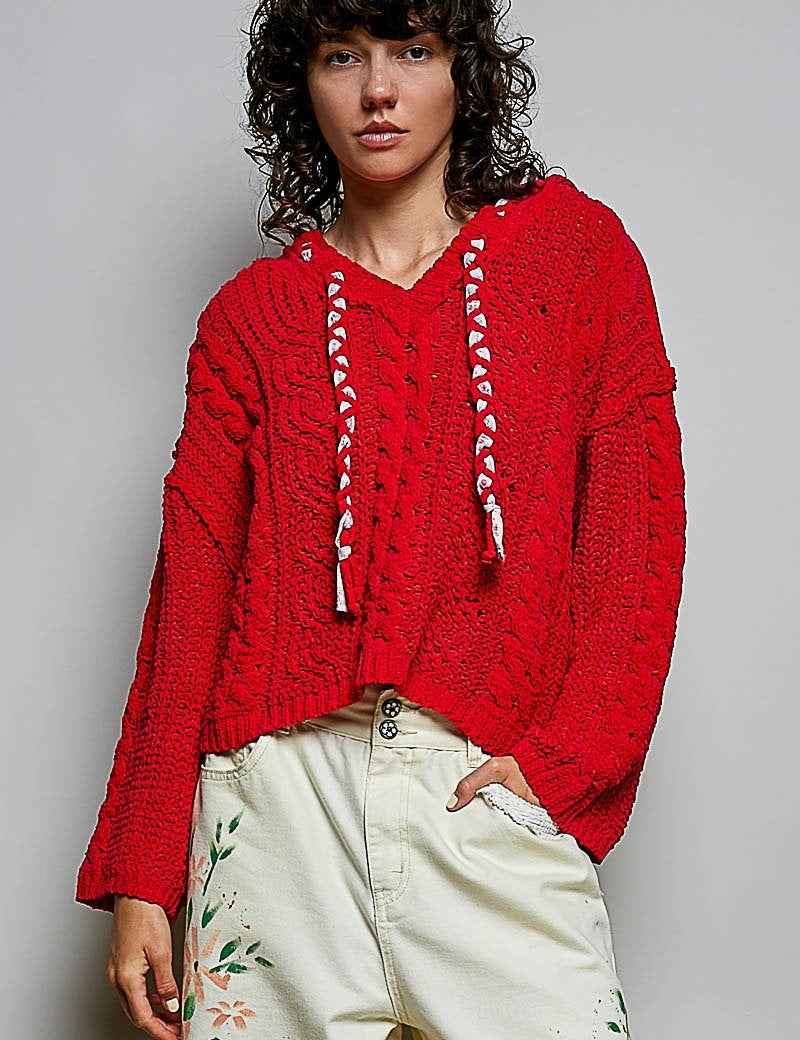Soft Spot V-Neck Hooded Chenille Sweater - Westly