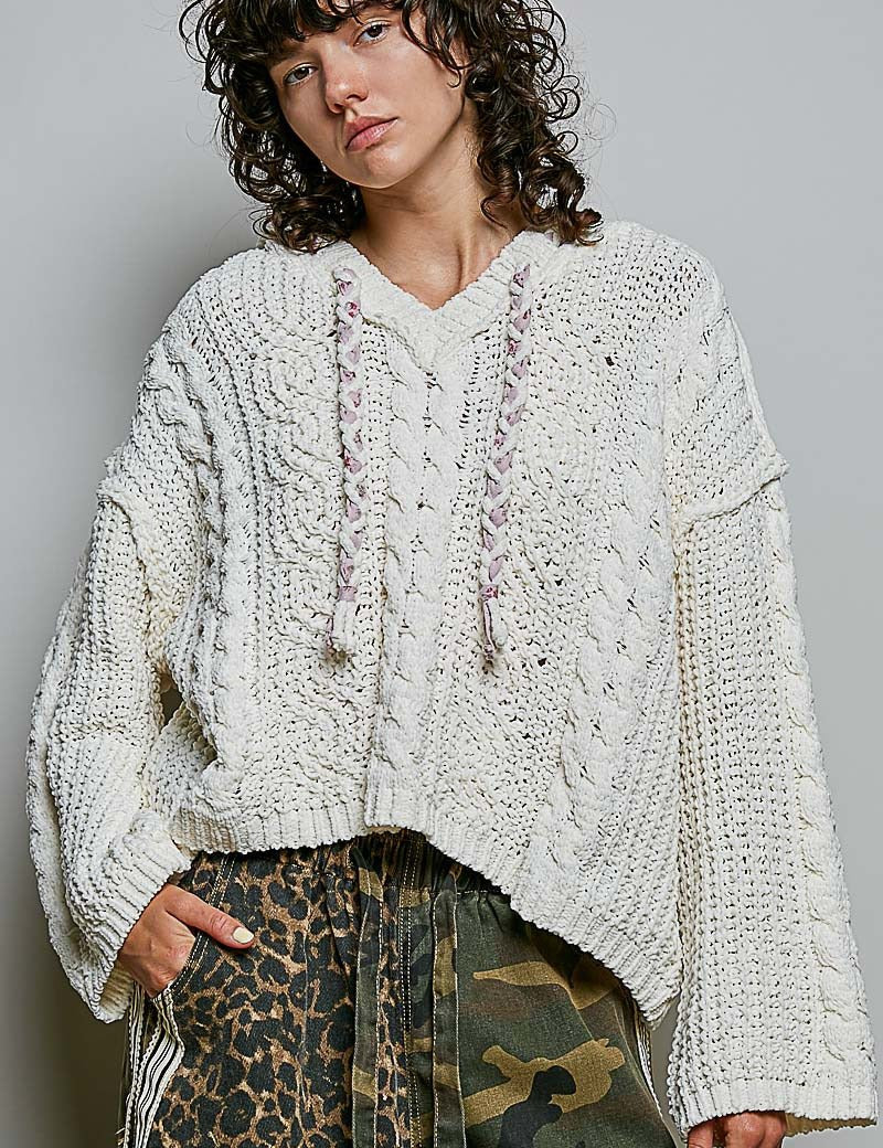 Soft Spot V-Neck Hooded Chenille Sweater - Westly