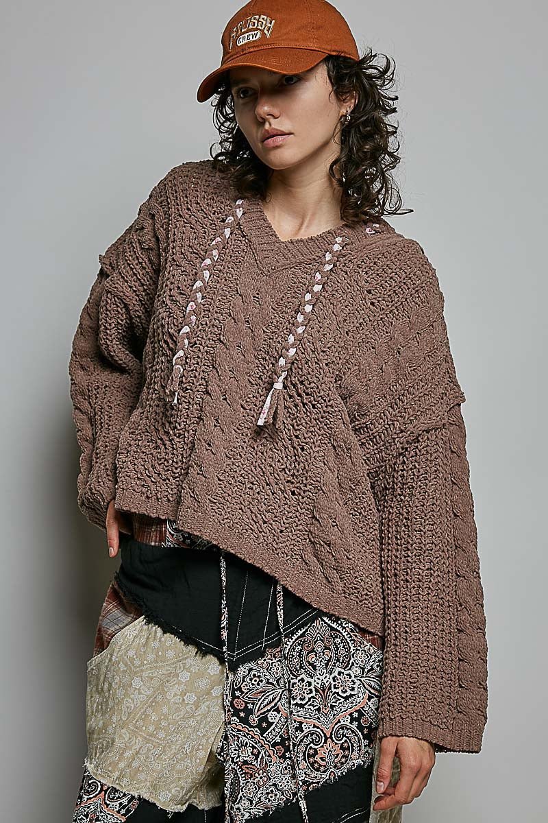 Soft Spot V-Neck Hooded Chenille Sweater - Westly