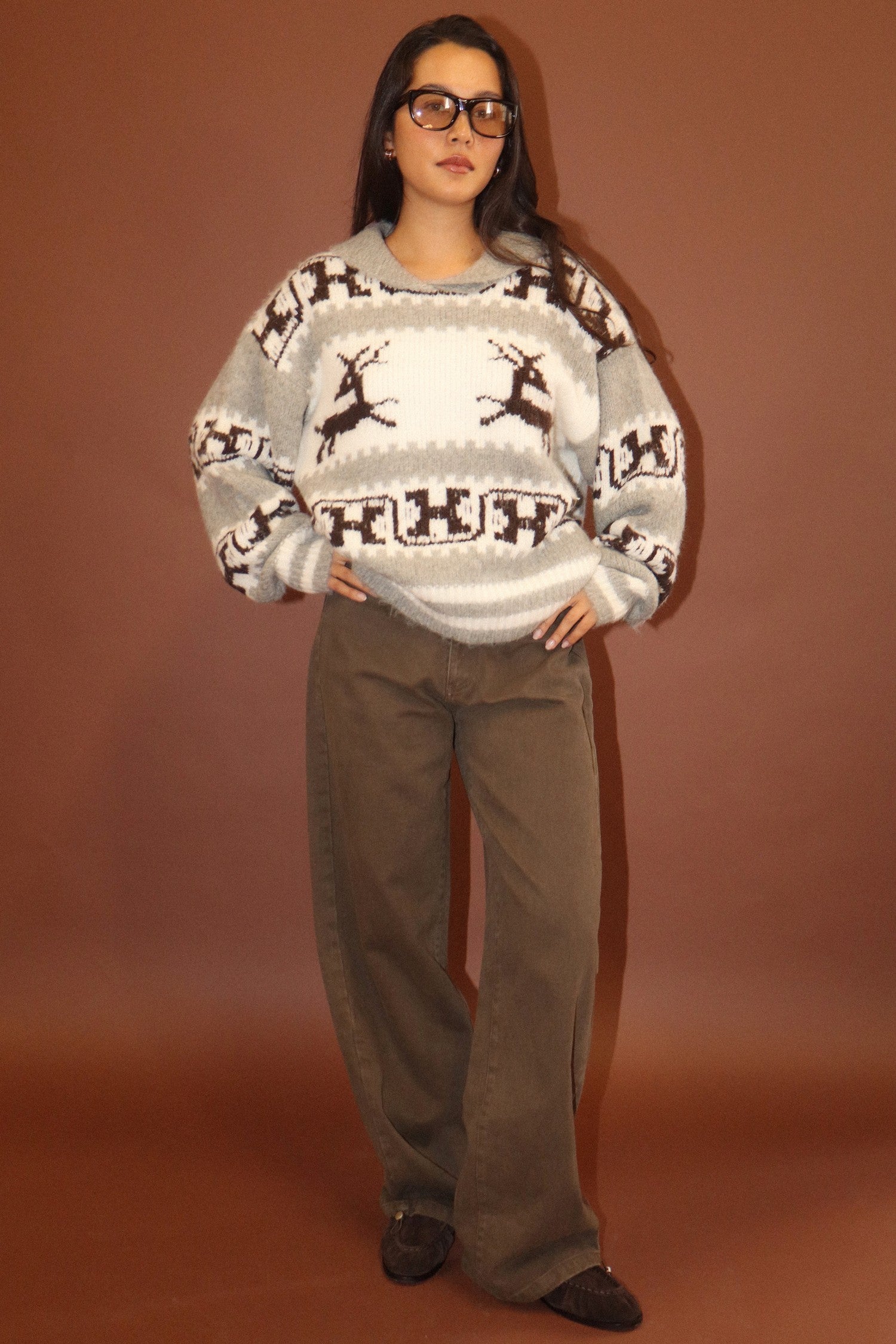Solstice Reindeer Collared Sweater - Cream