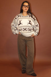 Solstice Reindeer Collared Sweater - Cream